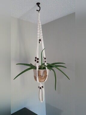 Vintage Macramé Plant Hanger with Pot - Cream & Natural